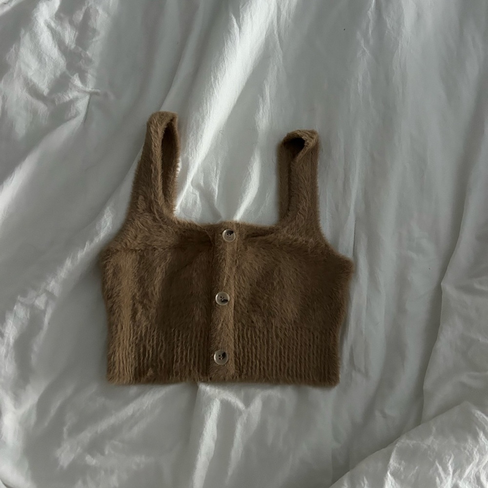 Good American Tan Fuzzy Crop Top